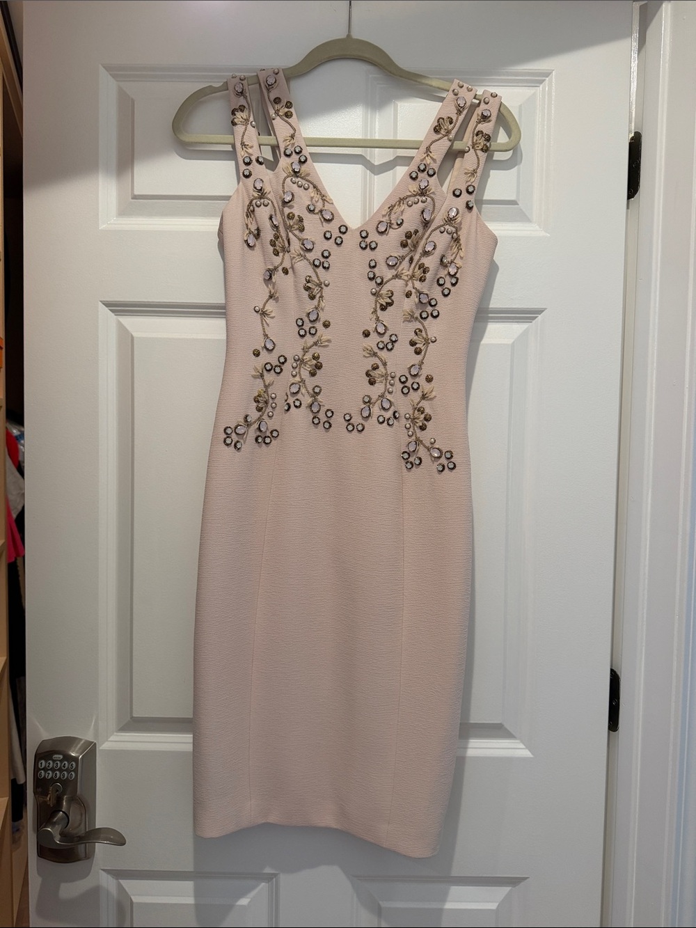 Badgley Mischka Blush Embellished V-Neck Sheath Dress